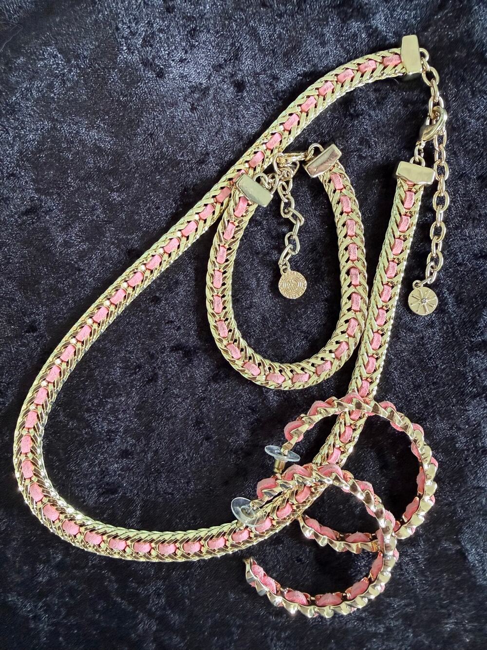 R.J. GRAZIANO RJG Gold Tone Pink Suede 3-Pc Necklace Bracelet Earrings Set
